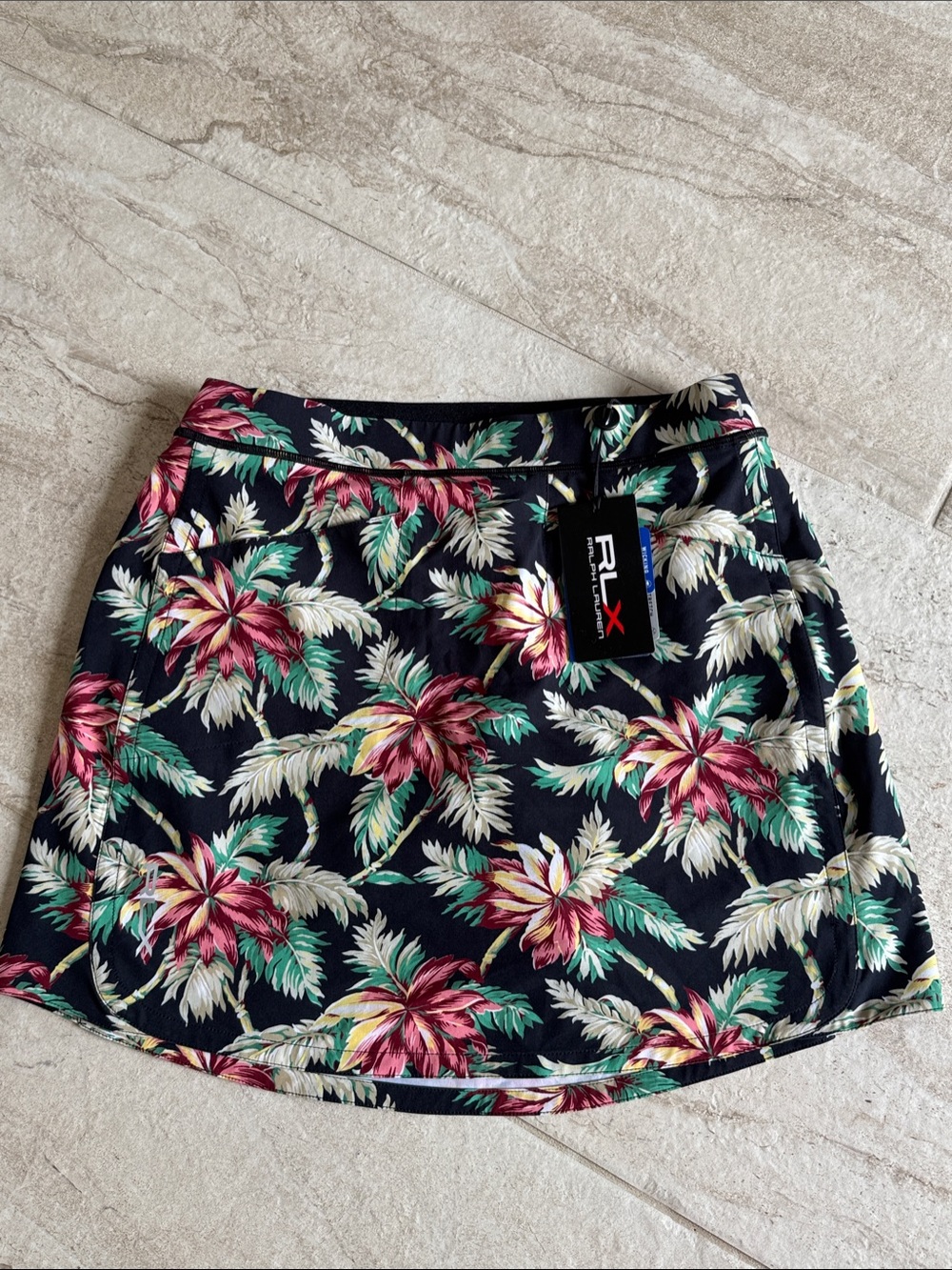 RLX Ralph Lauren Black Floral Mini Golf Skirt with Pink and Green Floral Print